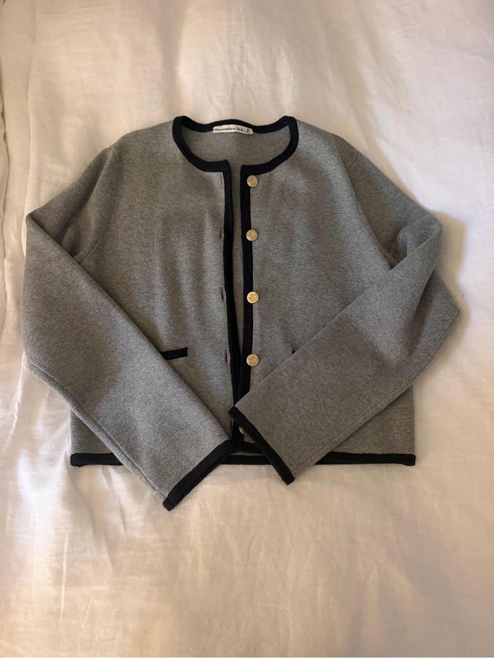 Abercrombie & Fitch Grey Jacket with Black Trim and Gold Buttons